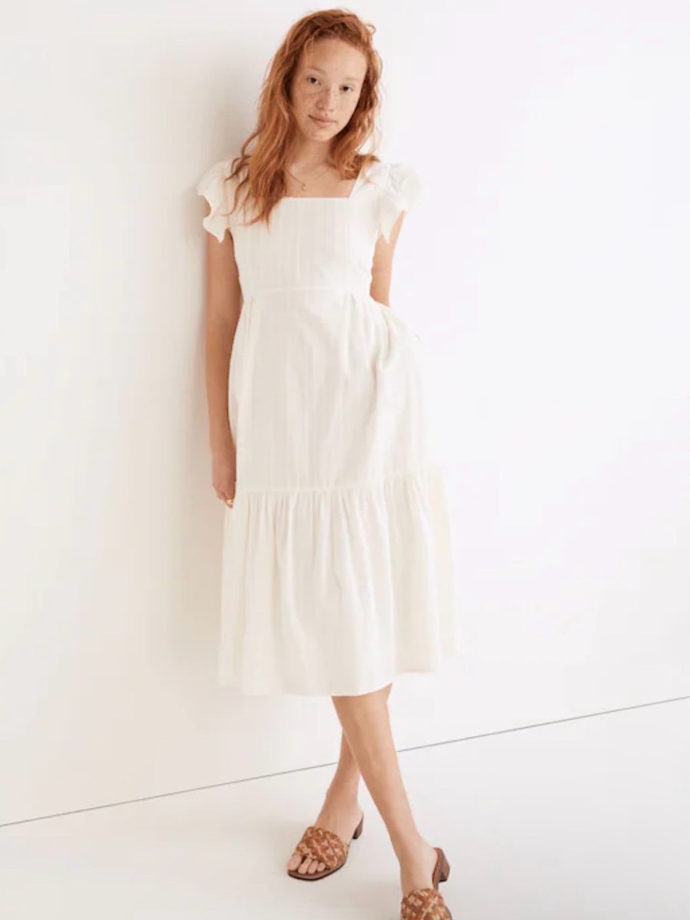 Madewell Ivory Square-Neck Midi Dress with Flutter Sleeves Cottage Core Beachy